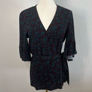 Draper James Winterberry Wrap Blouse Black Floral V-Neck Tie Waist Top Size 2